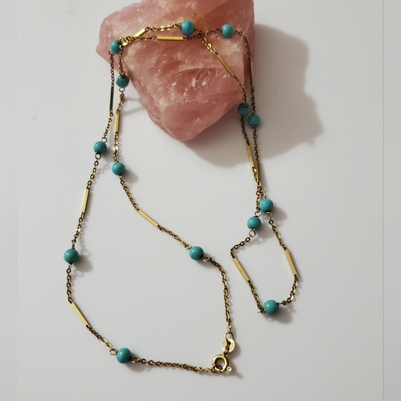 Solid 14k gold turquoise cable link chain station necklace 25" Italy vtg chain - Picture 1 of 11